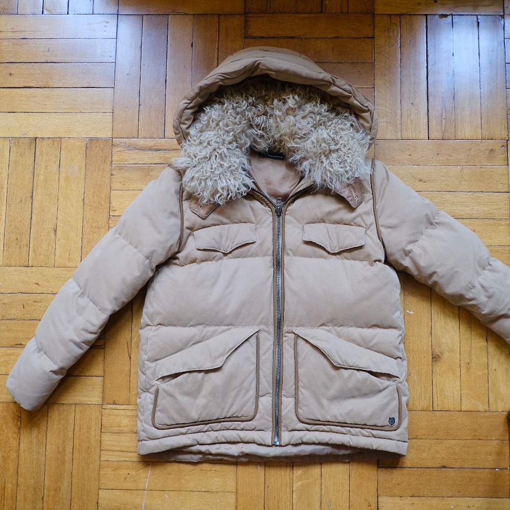 Kooples beige puffer with lamb collar